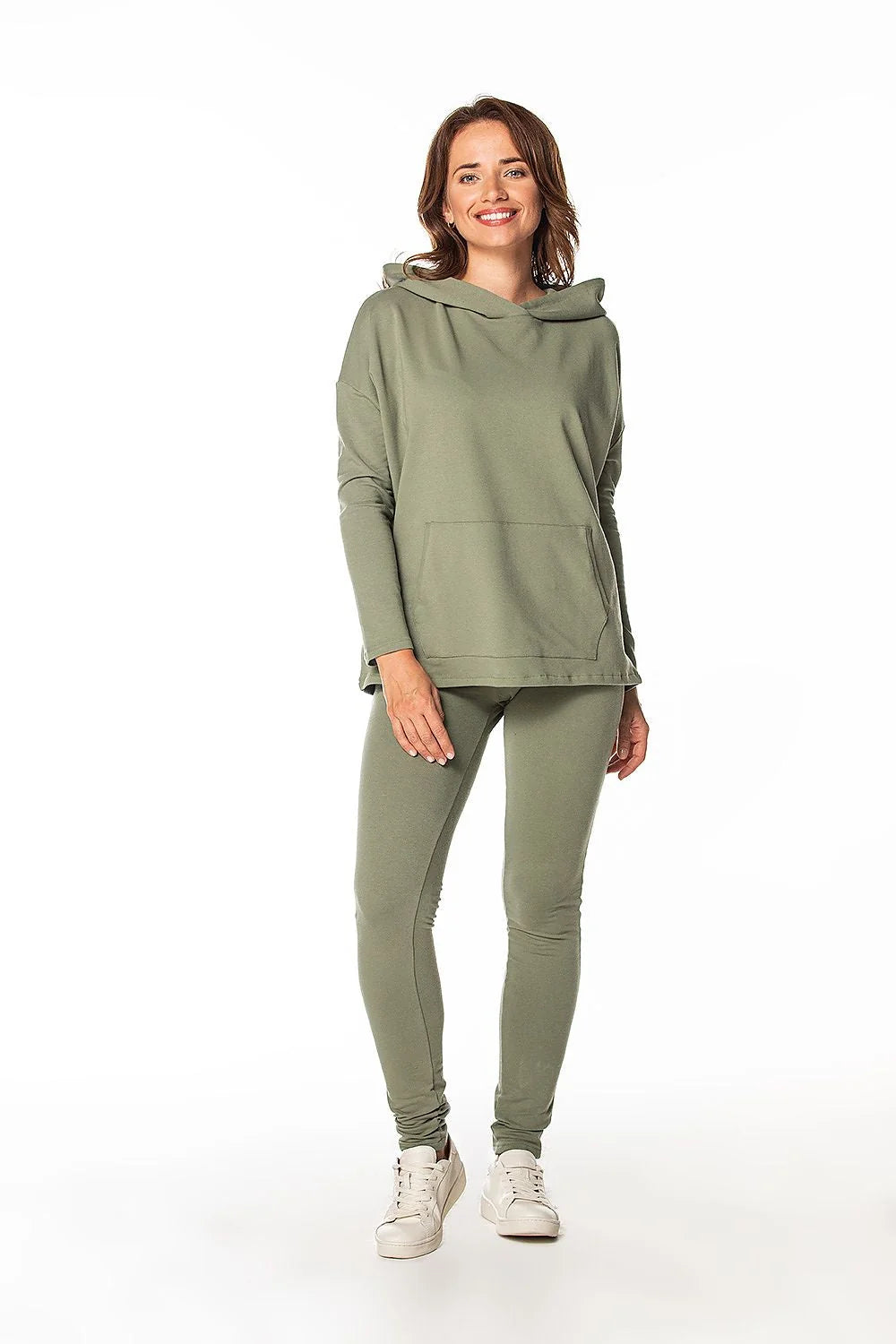 Sweatshirt Tessita à capuche en coton polonais doux pour femme, style ample, poche kangourou, couleur vert kaki, confort quotidien
