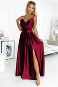 Robe longue élégante en satin bordeaux Numoco encolure en V croisé fines bretelles fente jupe longueur sol femmes occasions spéciales