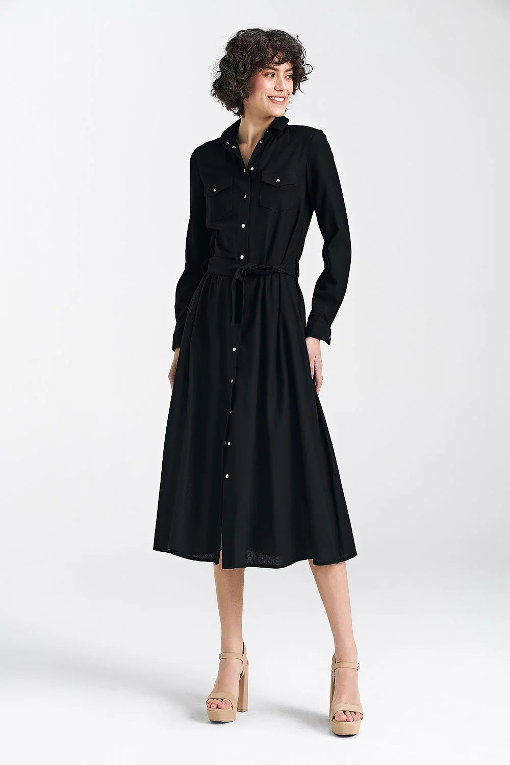 Robe de jour élégante noire style chemise manches longues col classique ceinture ajustable femme viscose lin coton