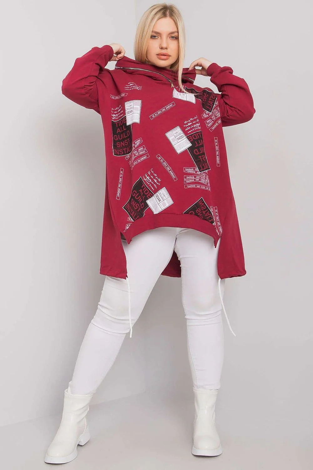 Pullover long pour femmes style casual contemporain graphique imprimé asymétrique couleur bordeaux matériau coton doux polyester