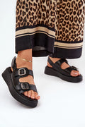 Sandales modernes style audacieux plateforme épaisse cuir noir haute qualité boucles argentées confortable femme