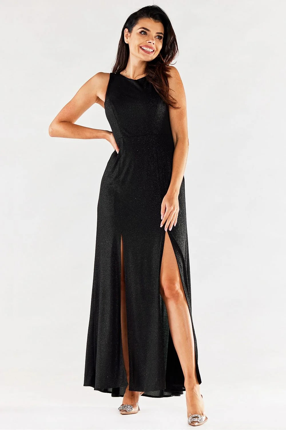 Robe longue élégante sans manches fentes avant couleur rouge vif matière élasthanne polyester femme
