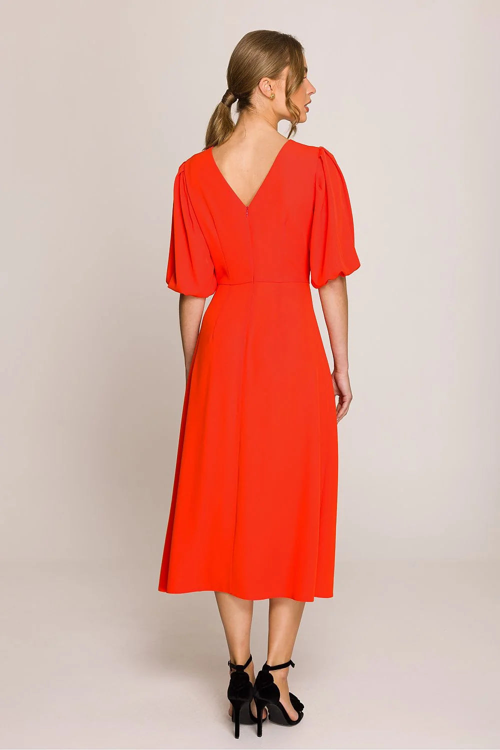 Robe de jour Stylove élégante féminine romantique coupe évasée encolure ronde manches courtes puffed dos V zippered