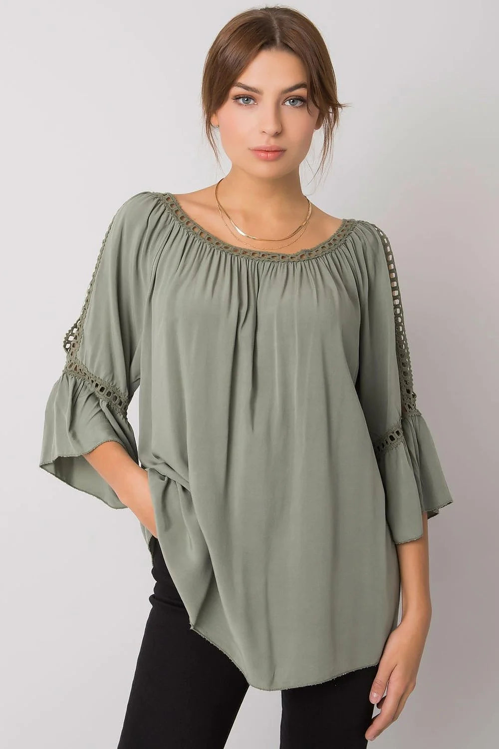 chemisier Och Bella orange vif viscose léger respirant ample fluide encolure arrondie fronces manches troisquarts coldshoulder évasées dentelle ajourée bohème