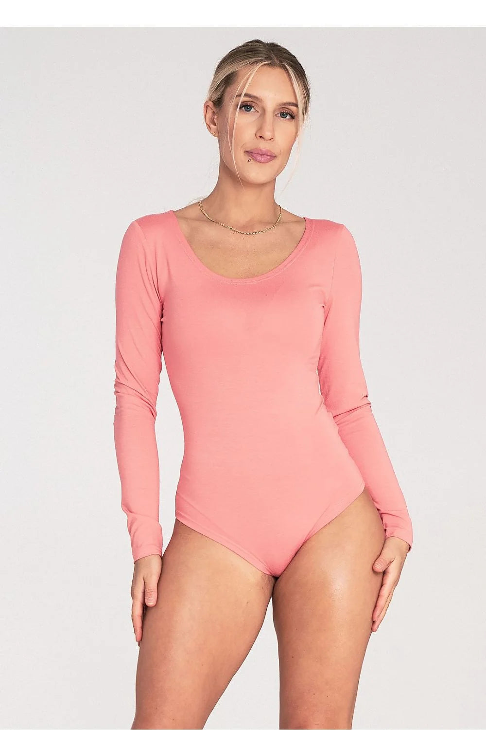 body femme classique manches longues décolleté bateau rose corail douce viscose elasthanne jersey extensible coupe ajustée
