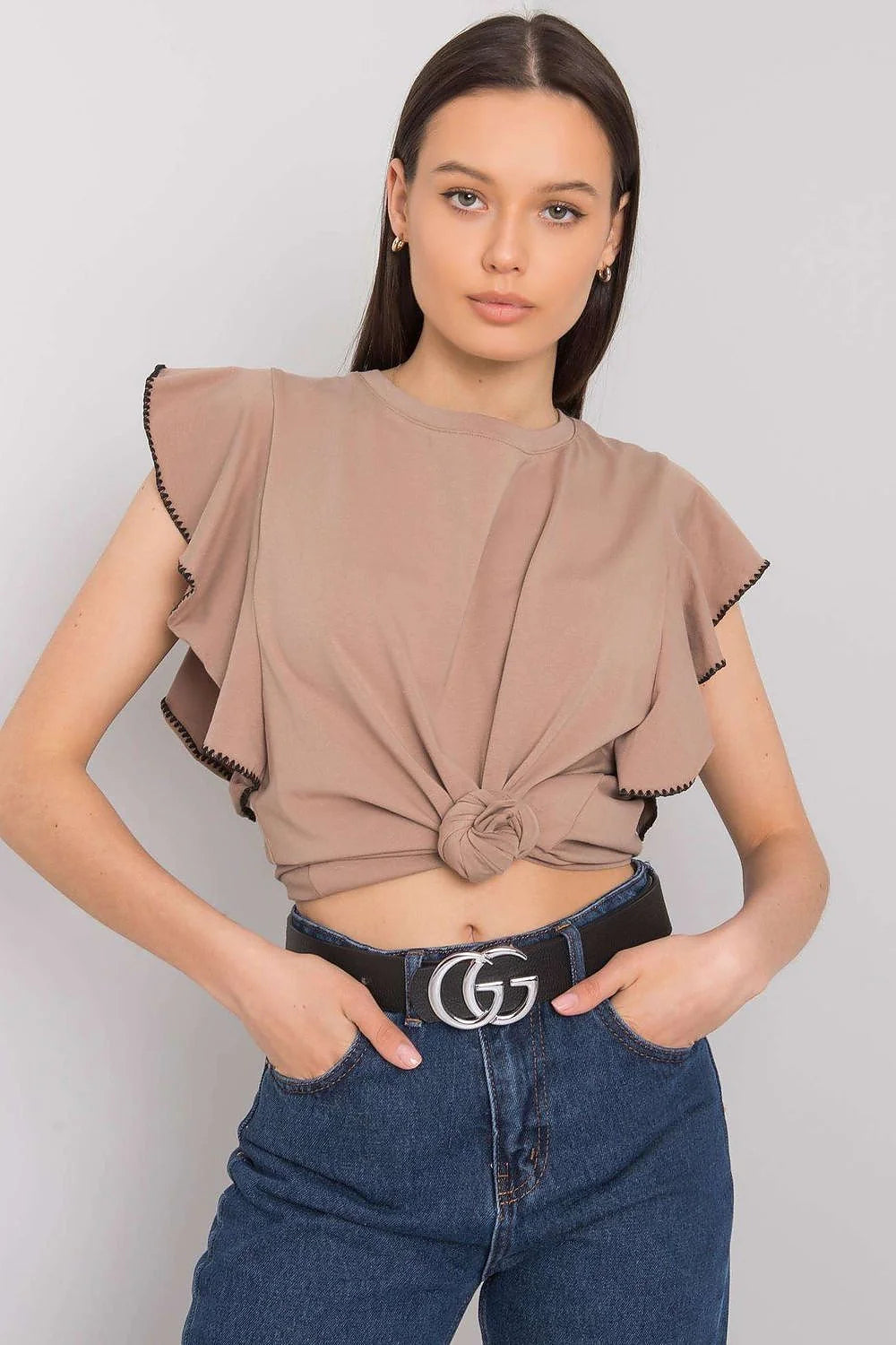 chemisier fancy élégant manches volants coton stretch confortable respirant coupe ample fluide col rond finition noire contrastée polyvalent féminin