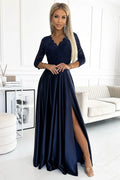 robe longue élégante dentelle satin bleu marine décolleté cœur fente cuisse manches troisquarts taille marquée fluide brillante sophistiquée mariage gala