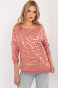 pull manches longues casual chic rose poudré doré motif abstrait oversize coton polyester élasthanne batwing encolure ronde strass
