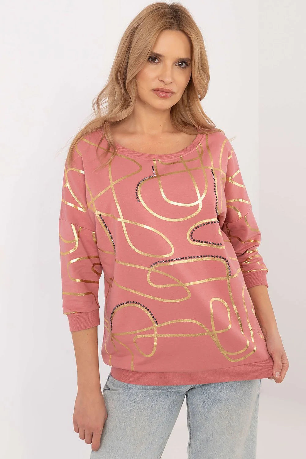Pull à manches longues style casual-chic rose poudré doré motif abstrait femmes