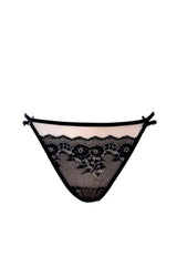 culotte tanga dentelle noire transparente motifs floraux féminin sensuel raffiné taille basse fines brides nouées festonnées extensible confortable