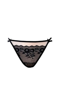 culotte tanga dentelle noire transparente motifs floraux féminin sensuel raffiné taille basse fines brides nouées festonnées extensible confortable