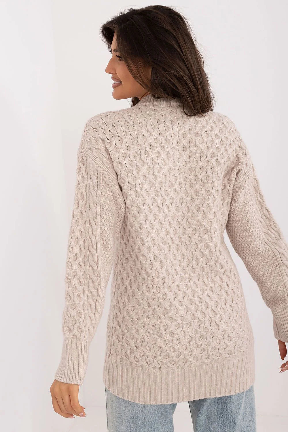 Cardigan femme style décontracté maille torsadée beige longue manches amples coudes côtelés boutons ronds