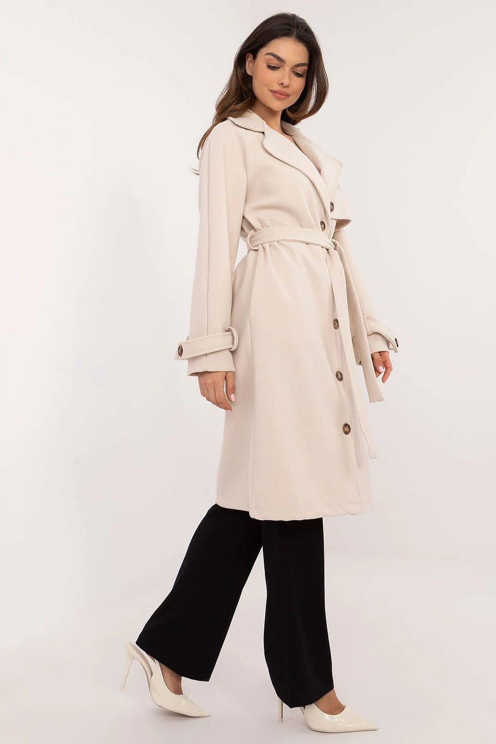 Manteau Och Bella élégant long beige clair manches longues ceinture ajustable boutons bois femmes