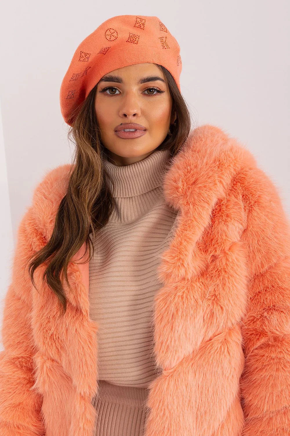 Béret en tricot strass acrylique coton cachemire femme corail manteau faux fourrure col roulé côtelé automne hiver