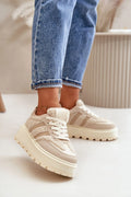 baskets femme modernes élégantes chunky beige crème suédine synthétique sherpa low top lacets semelle plateforme crantée épaisse antidérapante