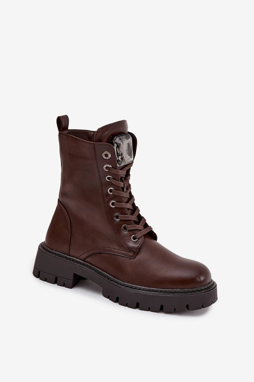 bottines femme cuir écologique marron foncé bout rond tige cheville lacets zip œillets métalliques semelle crantée doublure mousse chaude