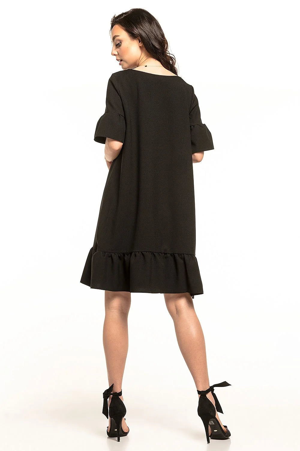 robe Tessita polyester élasthanne élégante bleu clair coupe trapèze courte col rond nœud manches volants ourlet froncé fluide confortable estivale