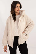 Veste matelassée pour femme beige clair manches tricot polyester isolante capuche poches latérales mode automne-hiver