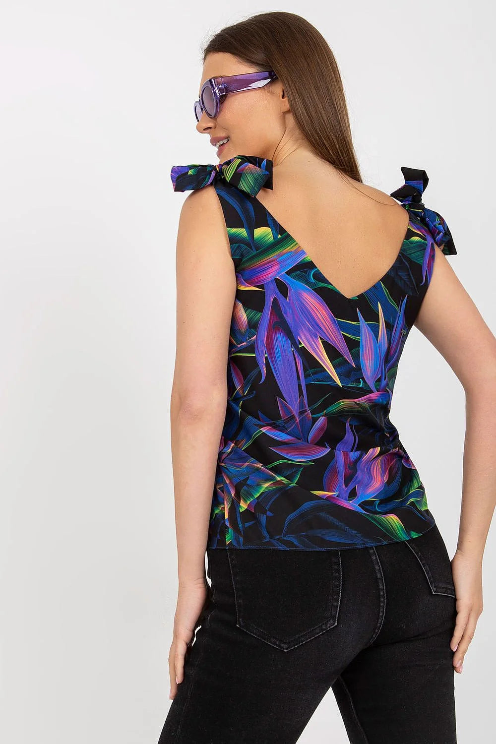 Top sans manches floral tropical femme col V nœuds décoratifs coupe ajustée style casual matériau respirant polyester 100% Taille S M L