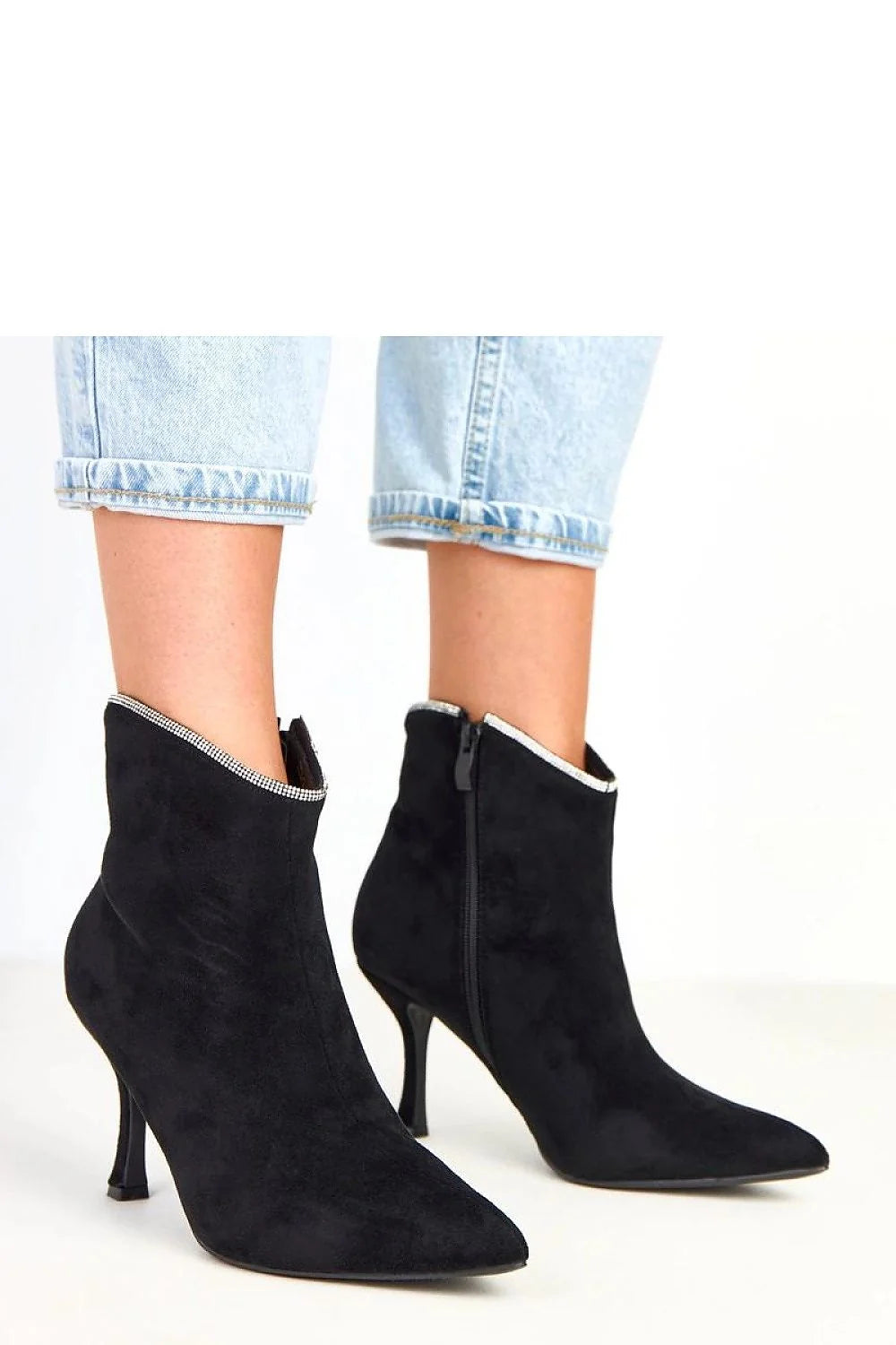 bottines suède écologique noir cheville talon bloc bout pointu galon argenté zircone fermeture éclair latérale doublure tissu confort