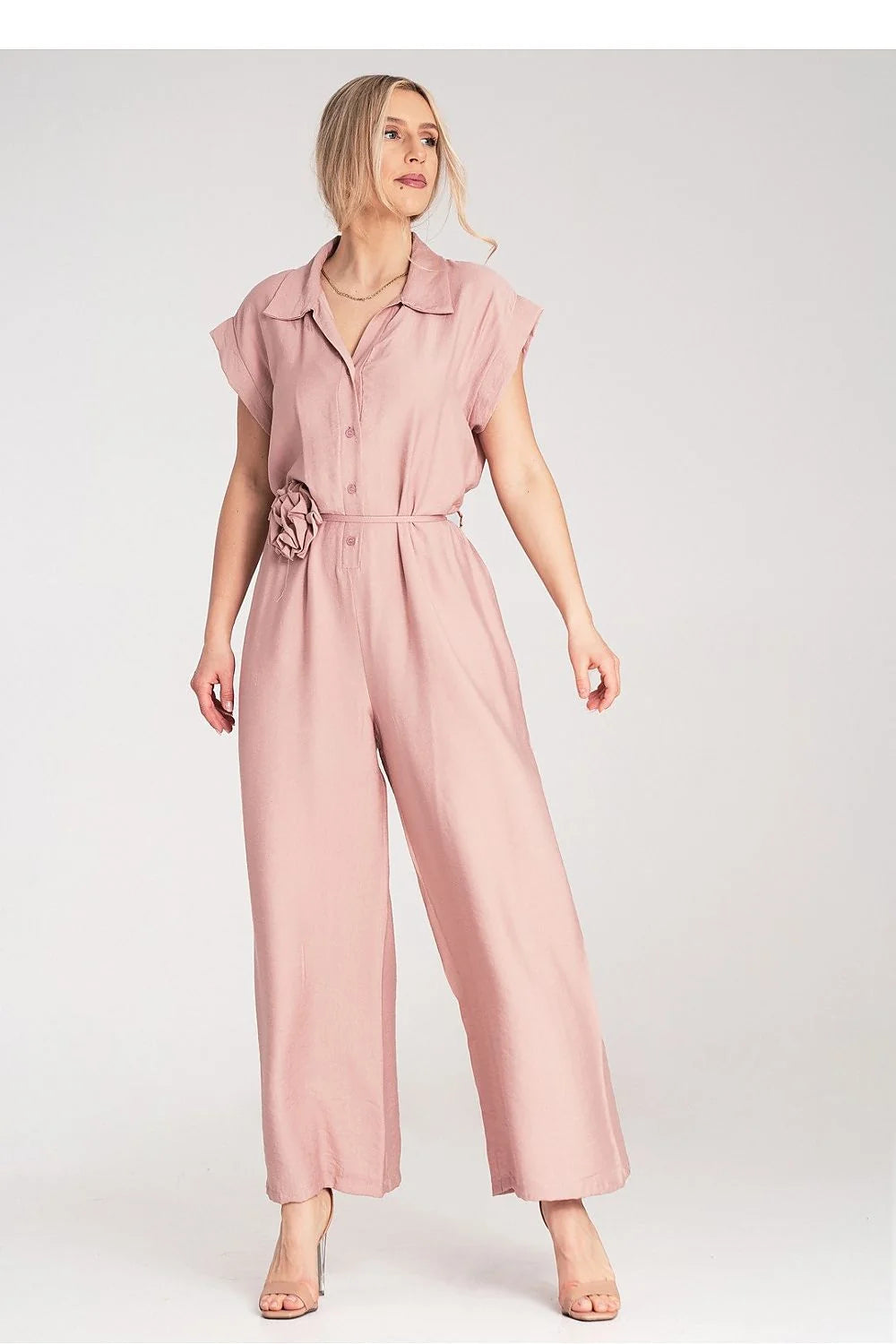 Combinaison Figl féminine chic élégante en viscose 100% coupe ample manches courtes col revers ceinture fleurée taille ajustable longueur 140cm