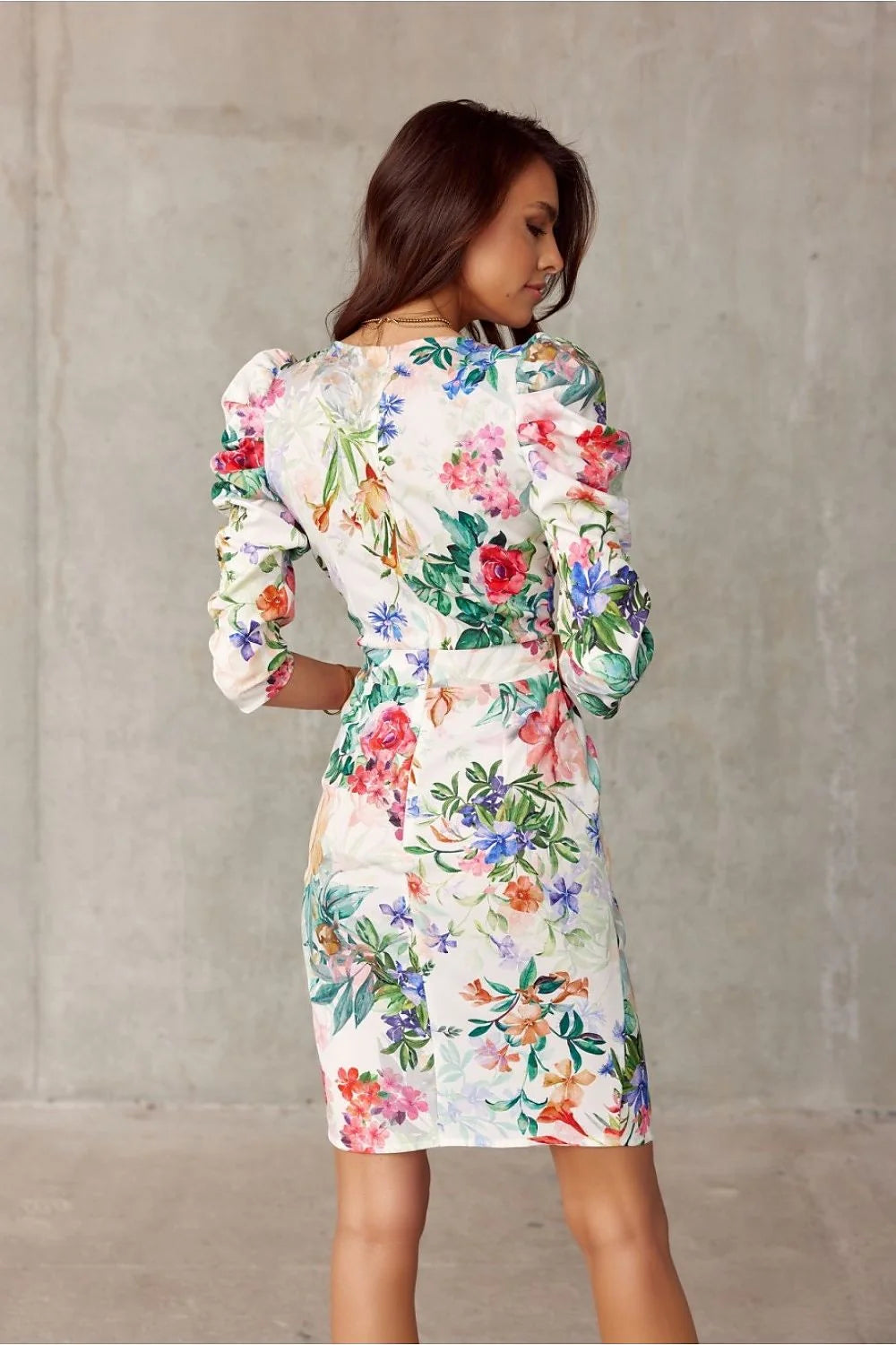 Robe de jour Roco Fashion moderne élégante genou longueur V-col manches longues fronces épaules motif floral vibrant femme