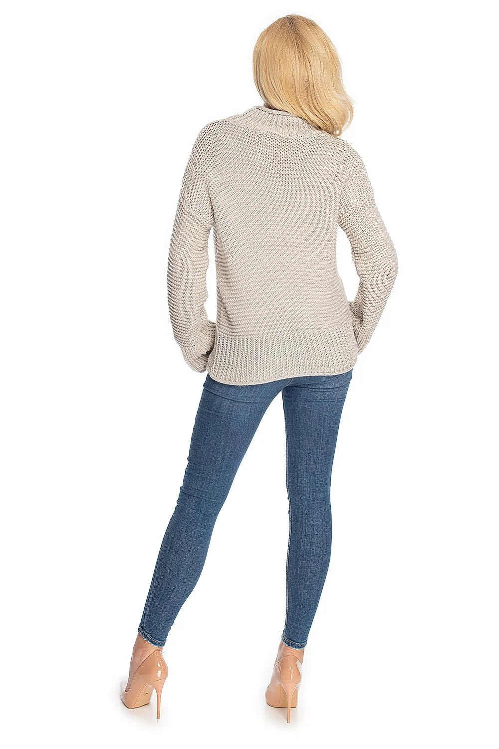 Pull en maille femme col roulé manches amples beige clair tricot épais côtelé qualité supérieure