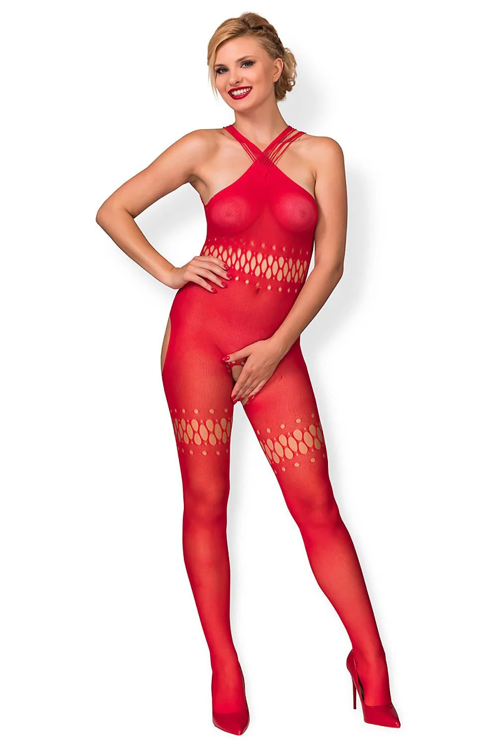 Bodystocking résille rouge vif sexy ajusté croisées losange ouvert occasions spéciales femmes élégantes