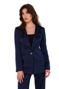 Tailleur-pantalon femme bleu marine élégant coupe ajustée col à revers cranté bouton doré高品質ポーランド製