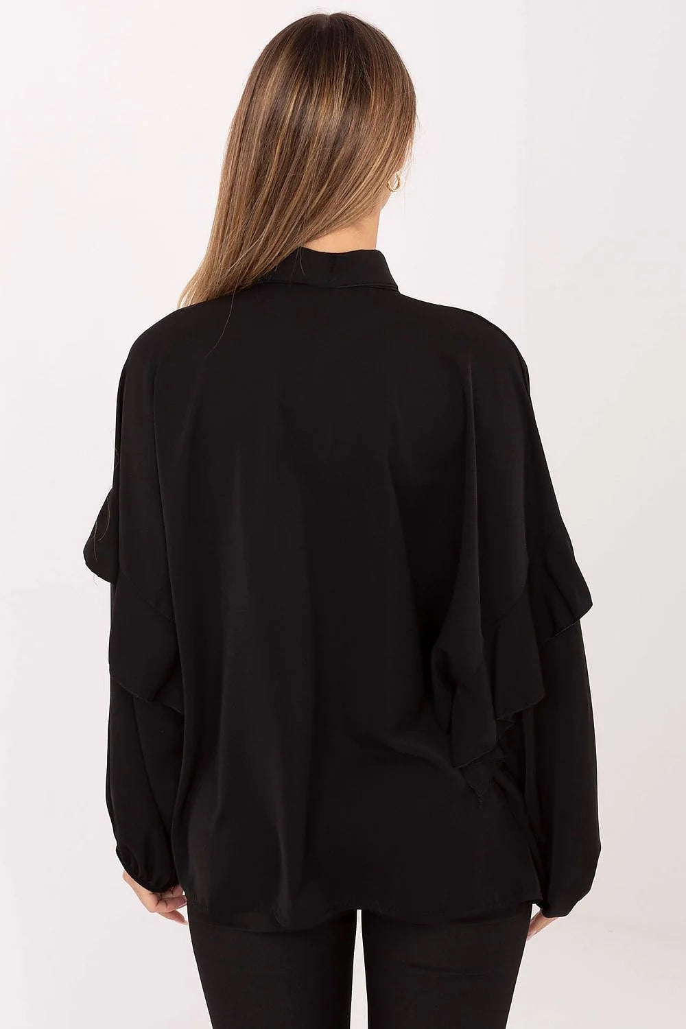 chemise femme noire col lavallière nouée manches longues bouffantes volant épaule poignets élastiqués coupe ample tissu fluide finitions élégantes