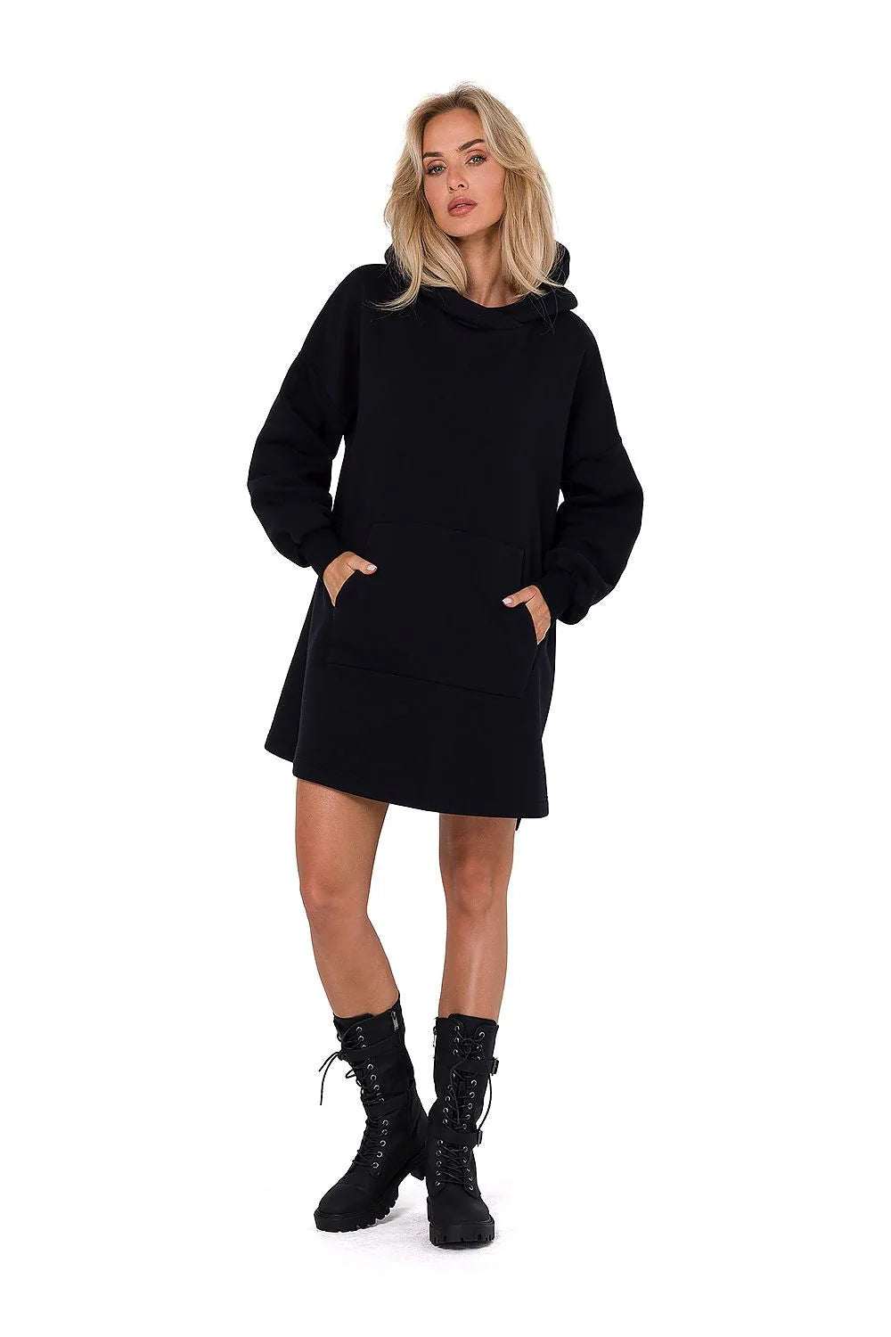 Robe de jour Moe Sweatshirt femme capuche manches longues style oversize couleur noire coton polyester taille ajustable poche kangourou