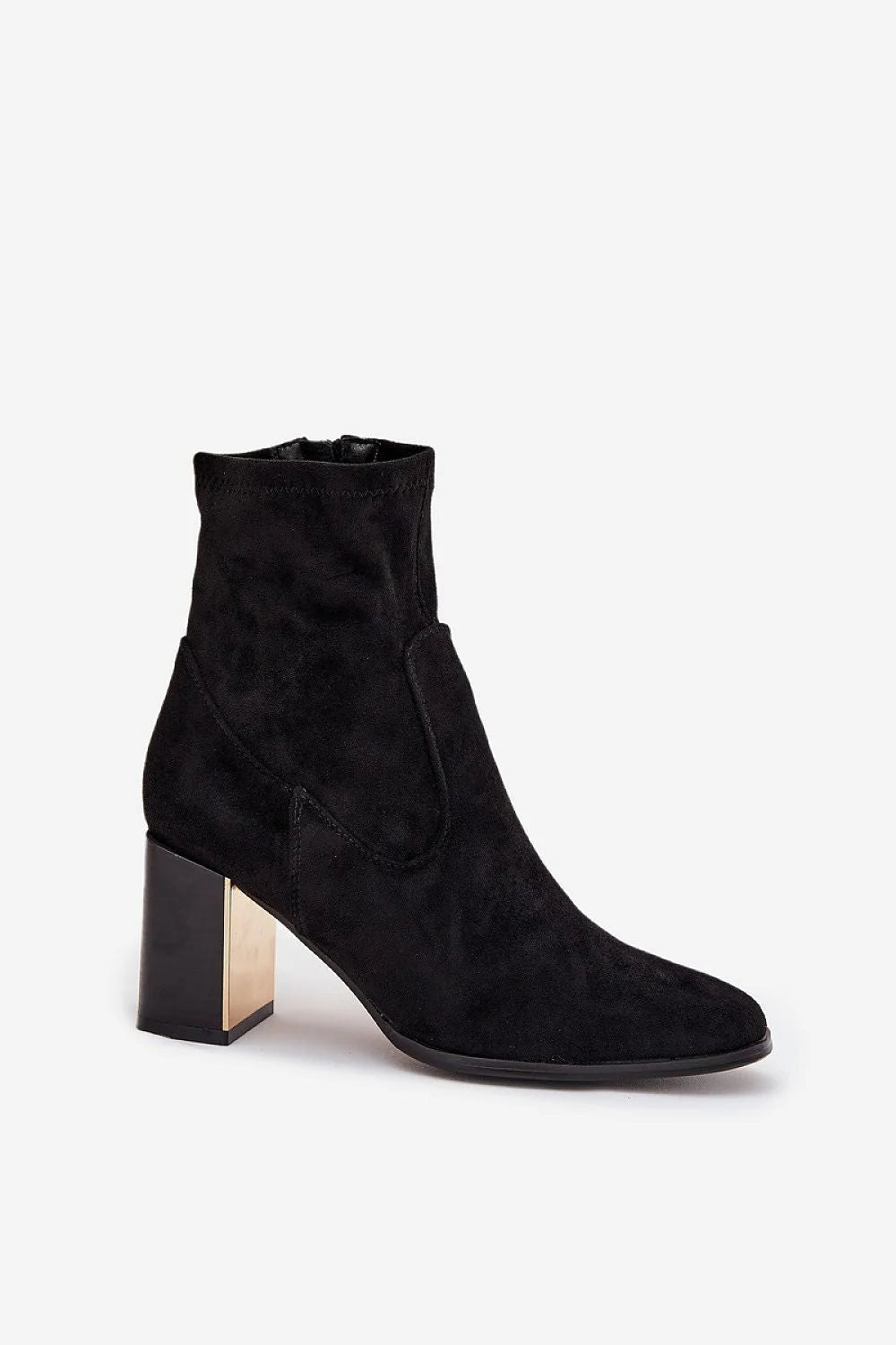 bottines femme cheville suédine écologique doublé confortable talon colonne stable doré insert métallique zippée latérale bout pointu semelle fine