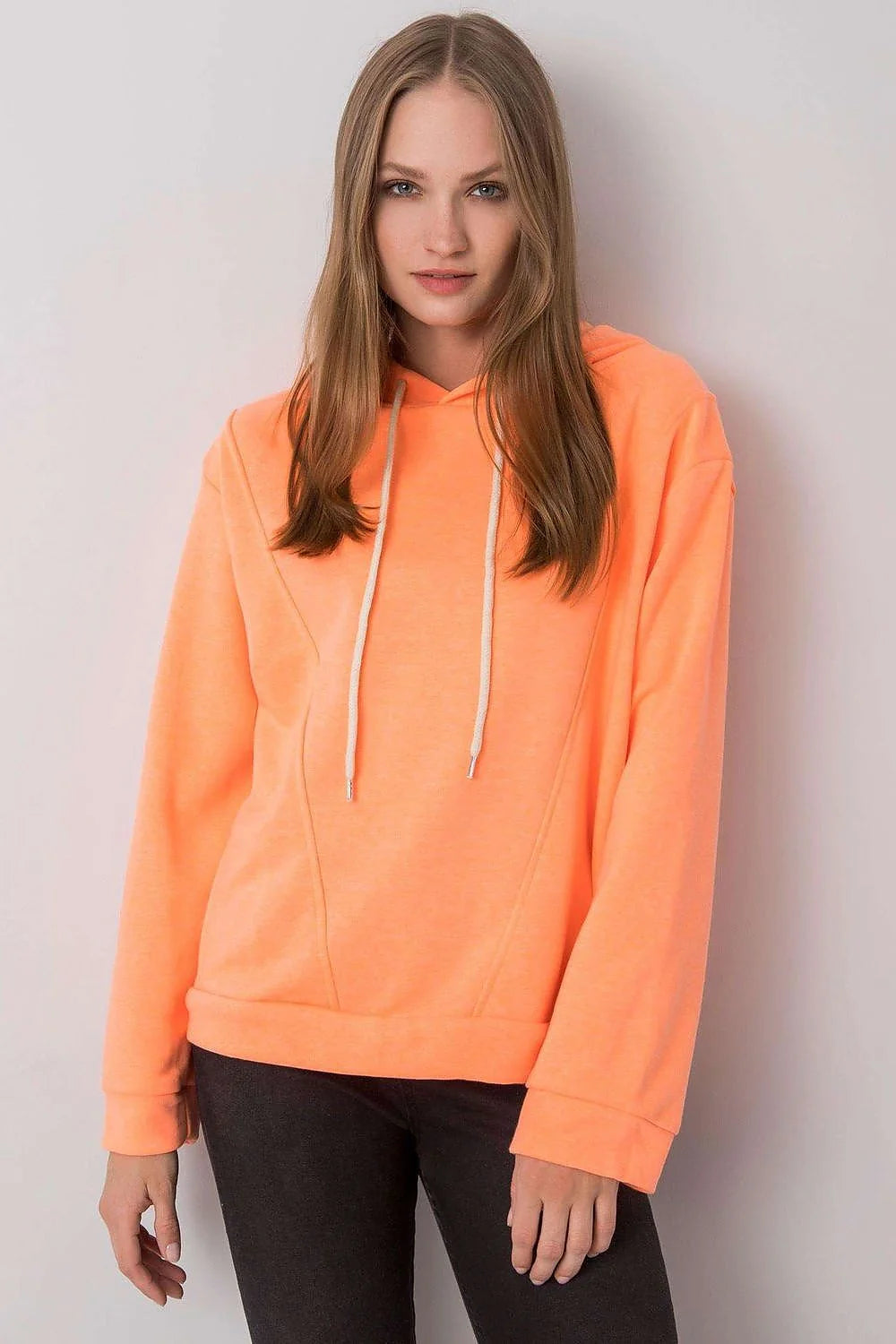 hoodie femme jaune fluo coton elasthanne molleton doux coupe ample épaules tombantes manches longues capuche doublée cordon blanc réglable