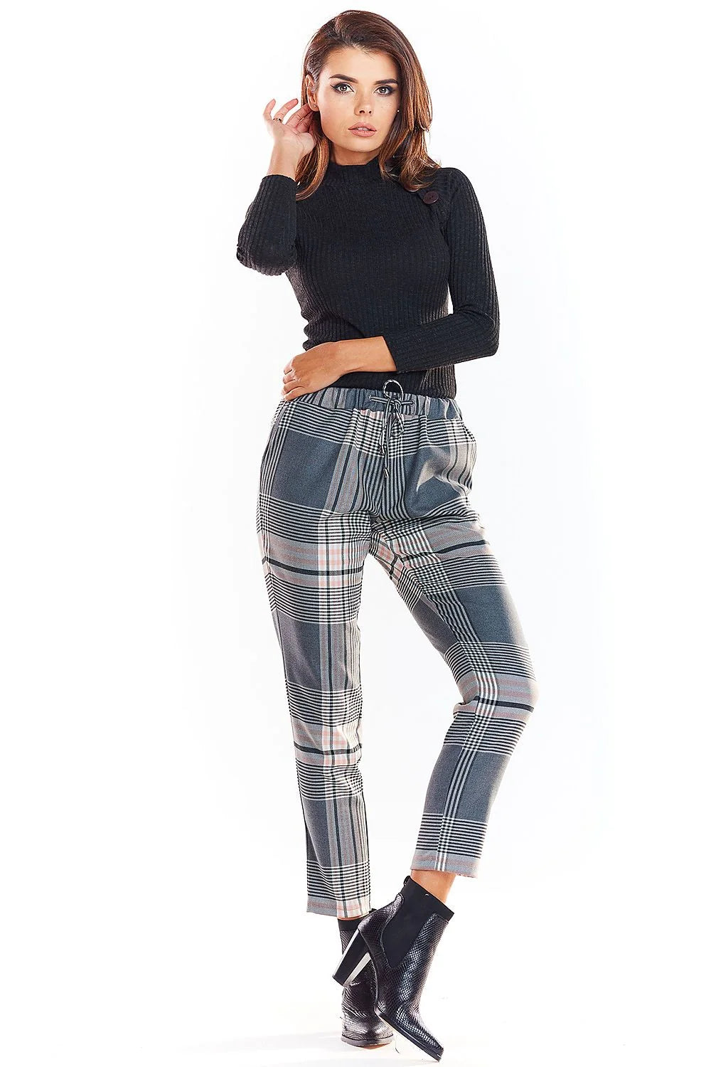 pantalon femme awama carreaux princegalles gris anthracite beige rosé fuselé cigarette cheville taille élastique réglable cordon tissu structuré