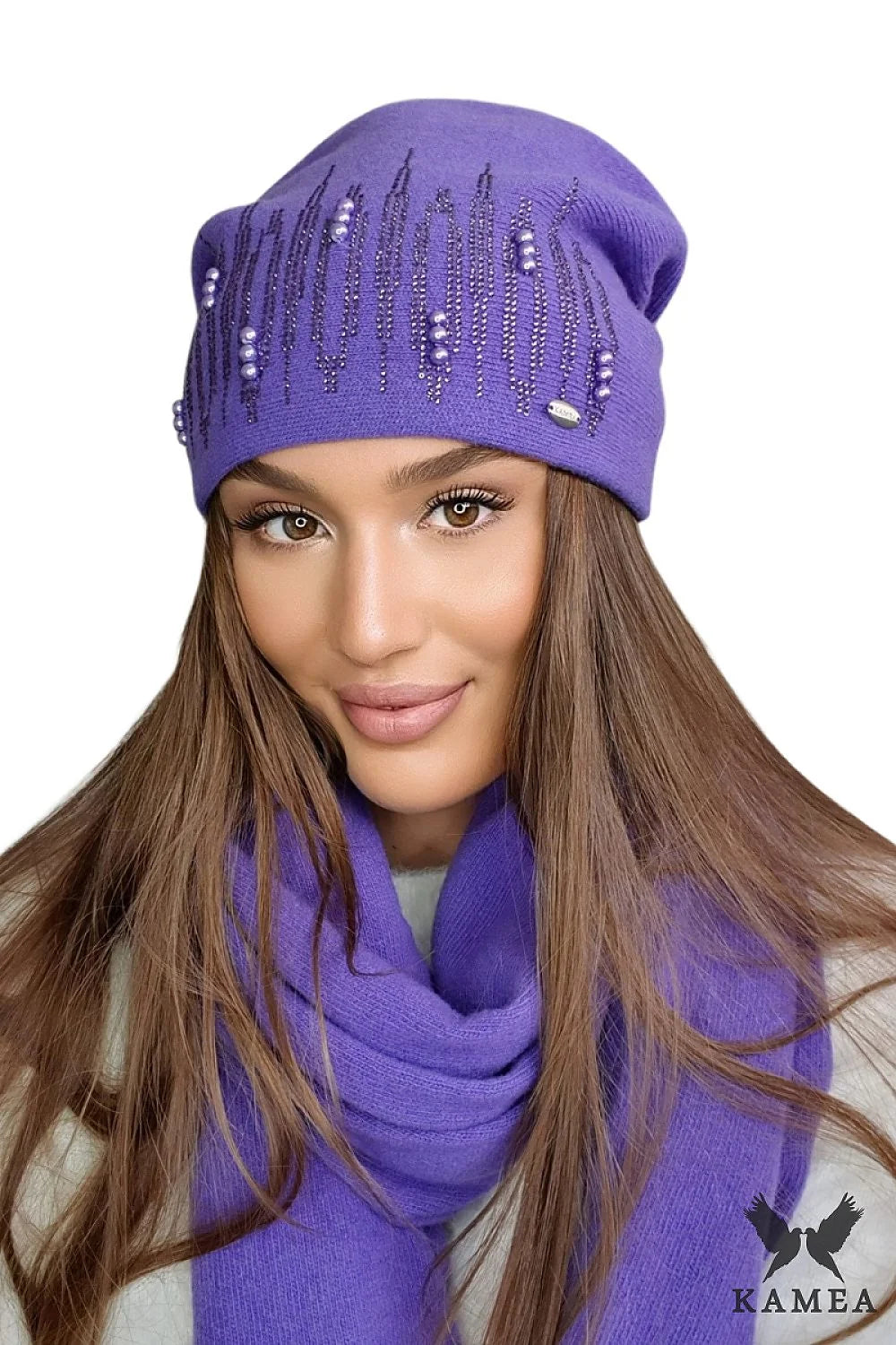 bonnet Kamea laine violet perlé strass élégant femme slouch maille douce assorti foulard long chaud luxueux