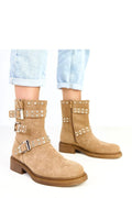 bottines femme cuir écologique suédé camel motard mi mollet bout rond talon bas confortable zippée latérale boucles argentées zircons brillants