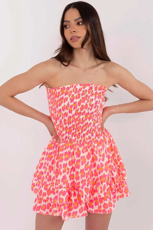 Robe d'été féminine chic bustier sans bretelles jupe évasée tissu léger motifs taches roses orange blanc