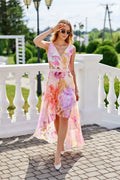 Robe de cocktail Roco Fashion en mousseline longue asymétrique décolleté en V floral pastel femme