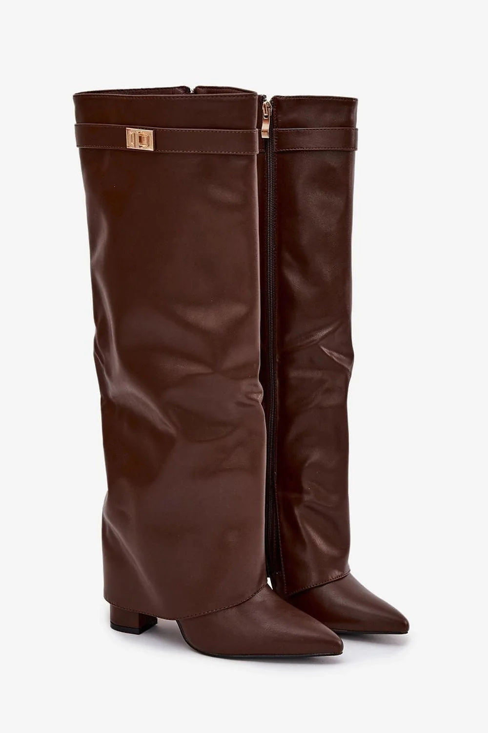 bottes élégantes simili cuir tige repliée talon colonne haute bout pointu doublure fourrure synthétique fermeture glissière semelle plantaire isolante