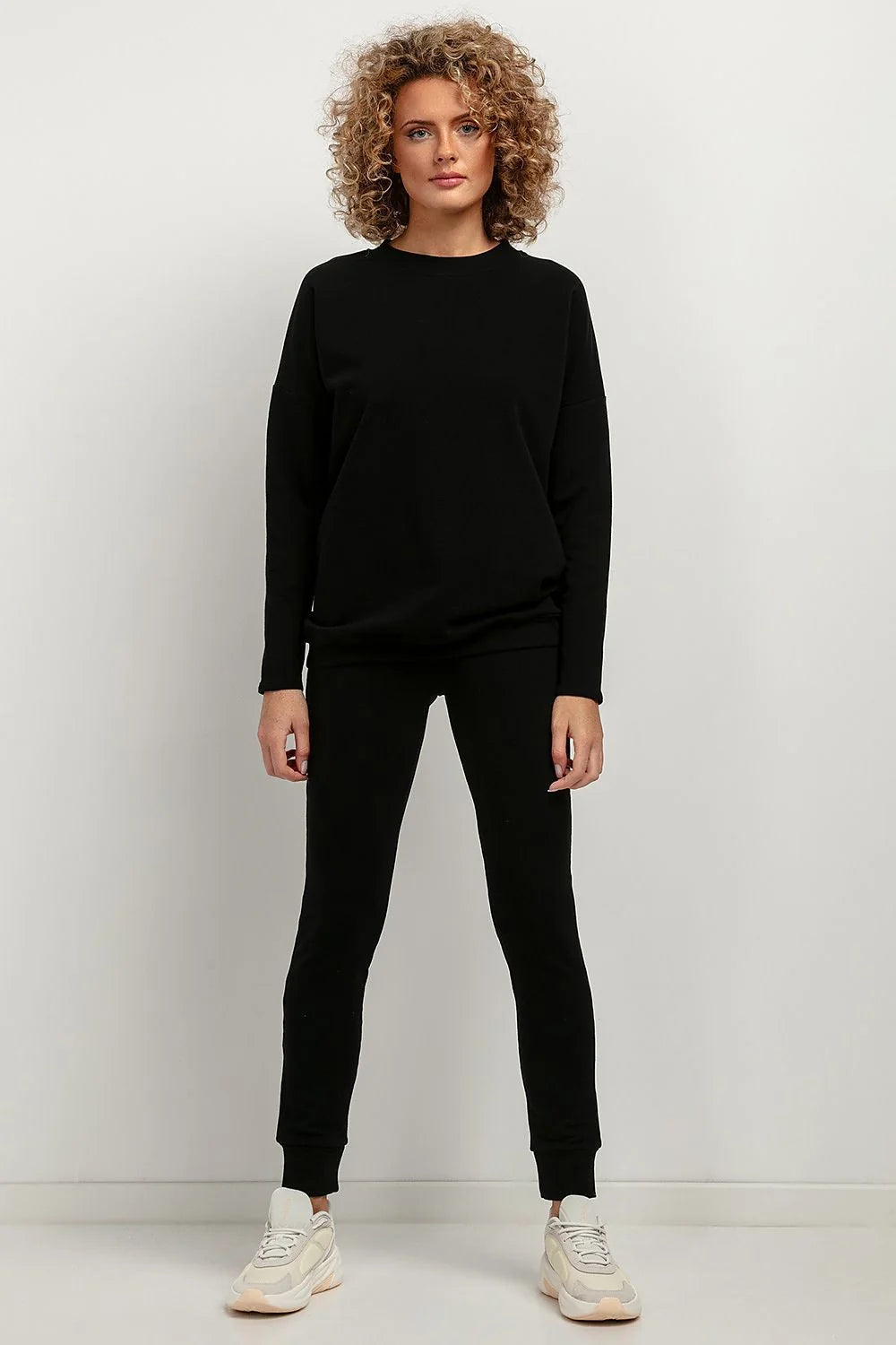 Ensemble casual femme noir minimaliste haut ample manches longues pantalon élastique polyester coton 70% 30%