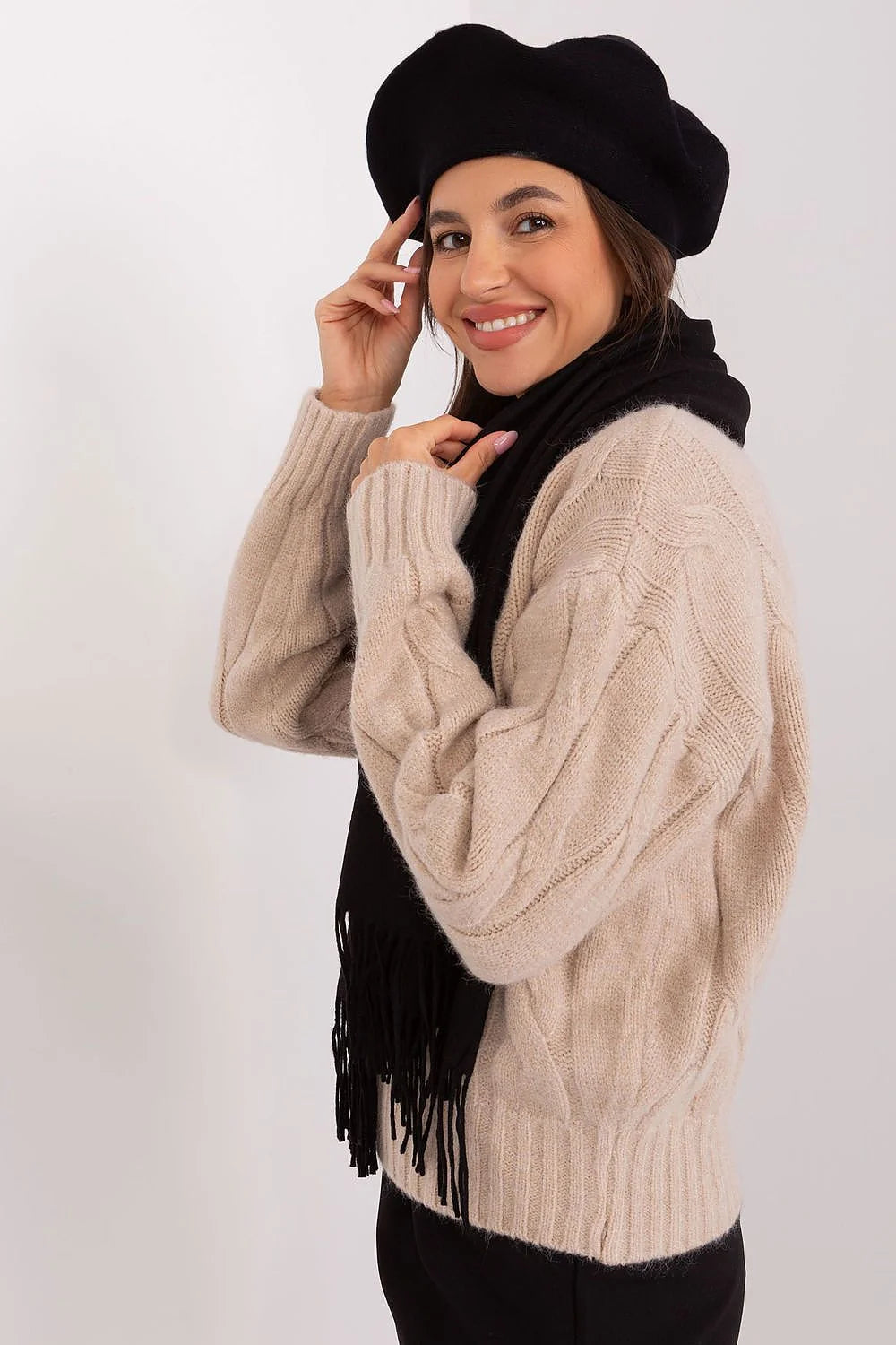 Béret AT pour femme en acrylique, coton et cachemire, style parisien, intemporel, chic, écharpe incluse, automne/hiver