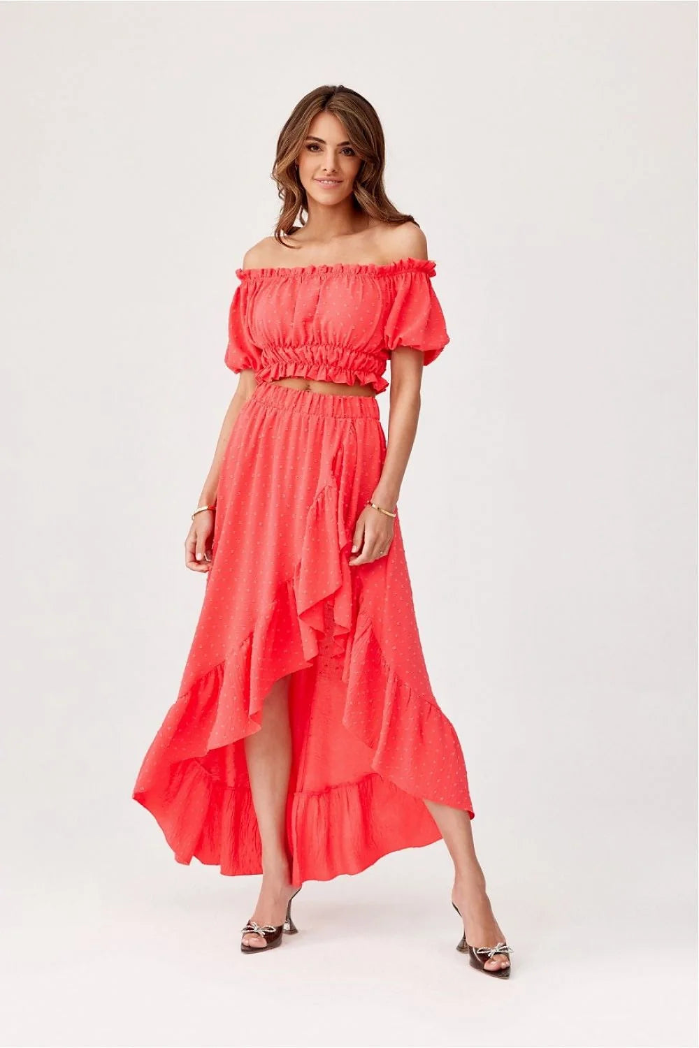 Ensemble Roco Fashion chemisier épaules ouvertes jupe asymétrique tissu doux couleur rouge vif été femme