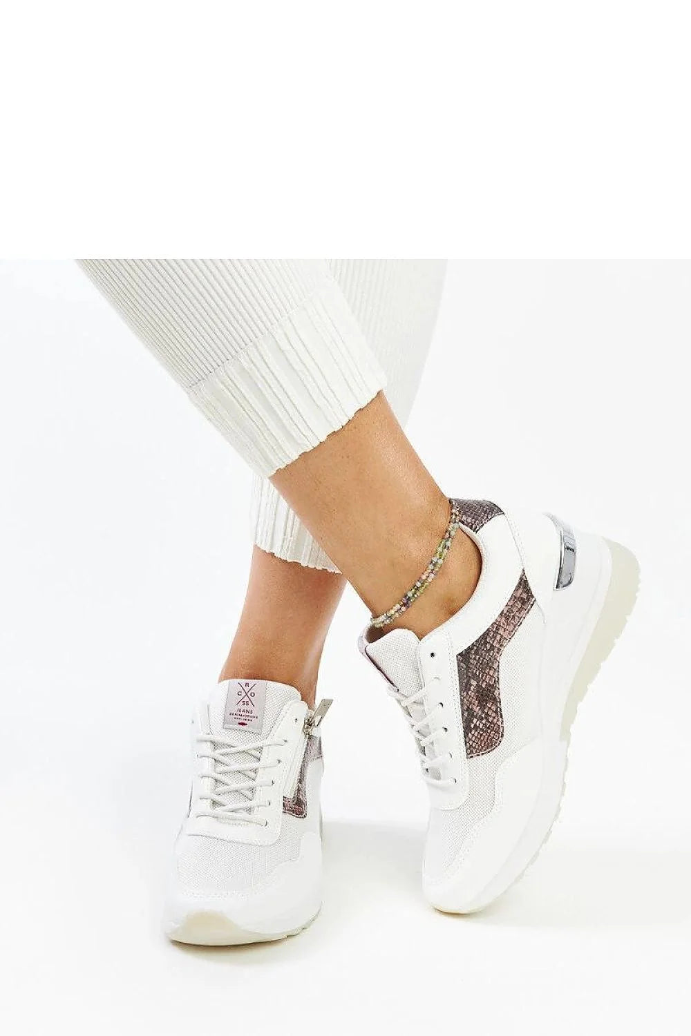 baskets blanches femme sportchic cuir synthétique serpenté marron beige mesh texturé cheville plateforme crantée semelle épaisse confortable lacets métalliques zippées