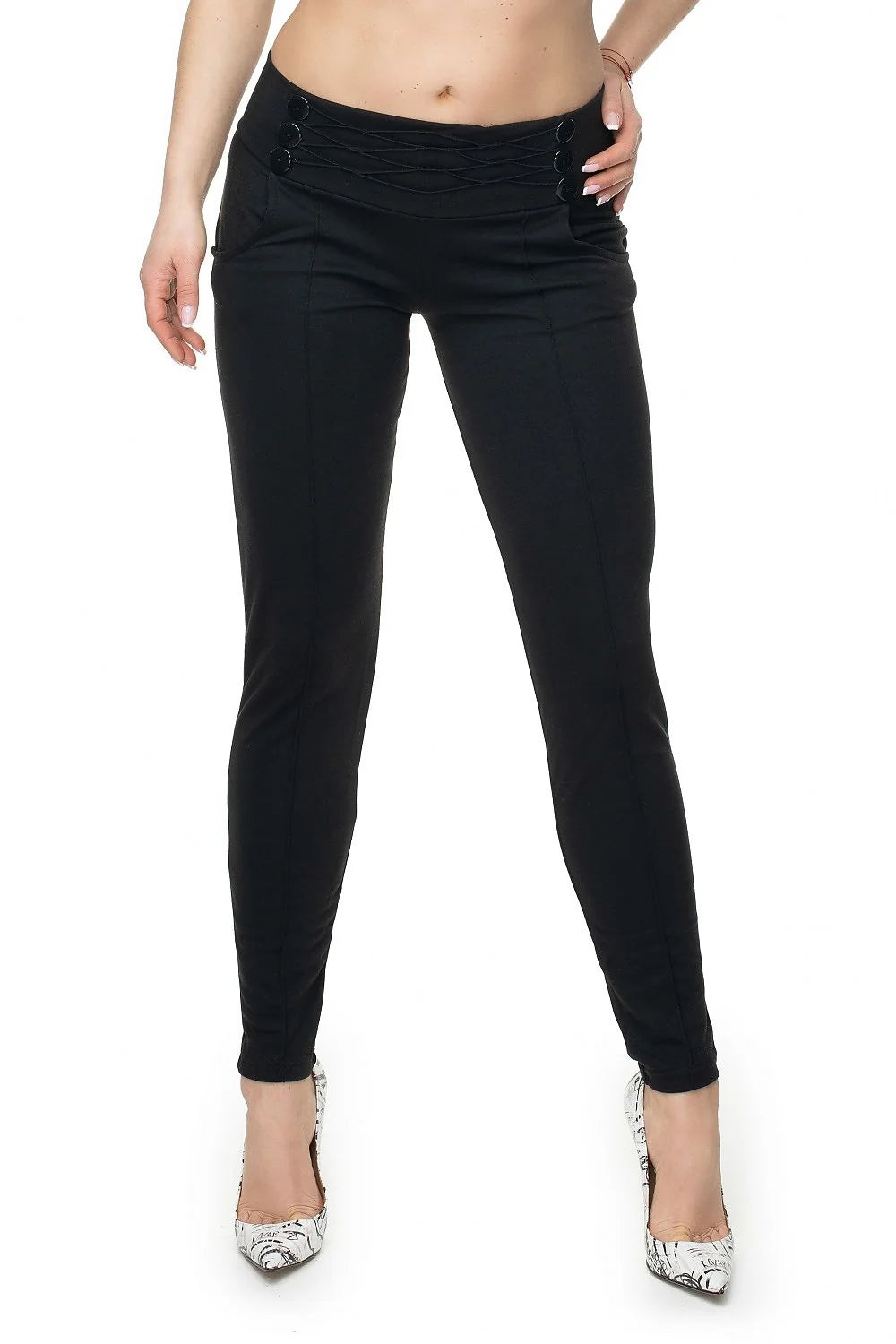 Pantalon long ajusté femme Pee Ka Boo slim fit taille basse boutons décoratifs longueur cheville visuels épurés polyester viscose