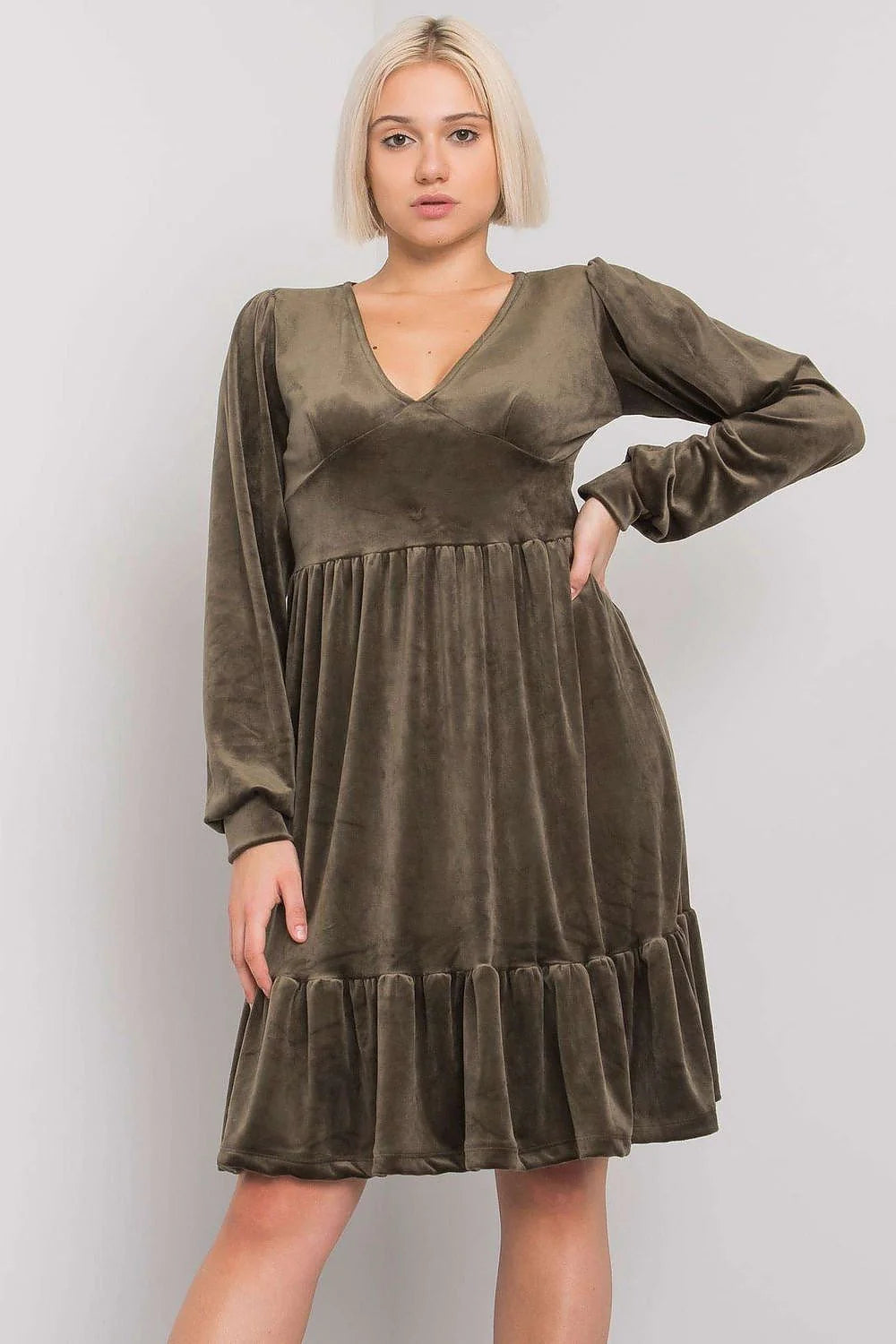 Robe en velours marron élégante manches longues encolure V empire pour femme automne casual