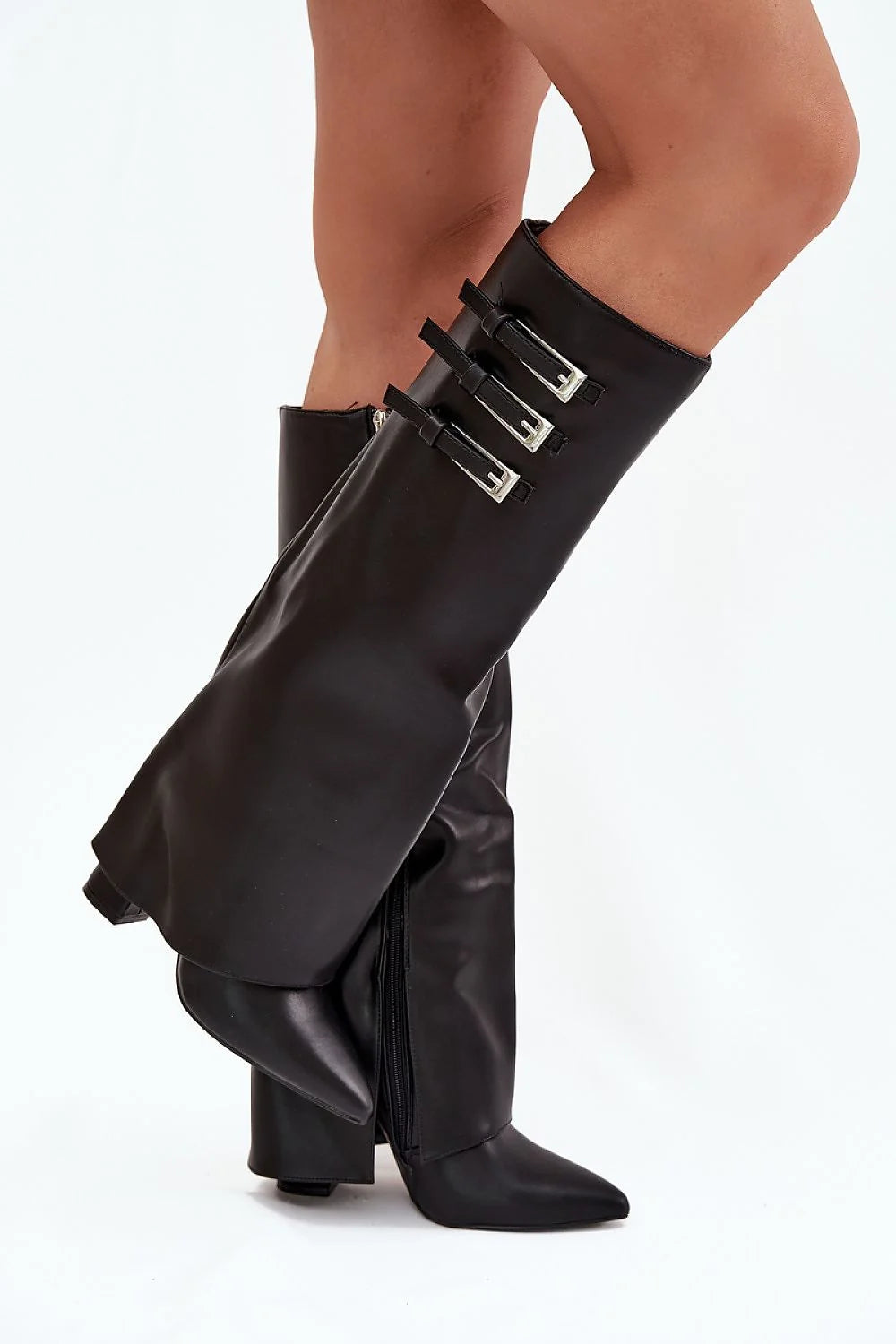 bottes hautes femme similicuir noir bout pointu tige revers fourrure fermeture éclair talon bloc confortable brides boucles argentées