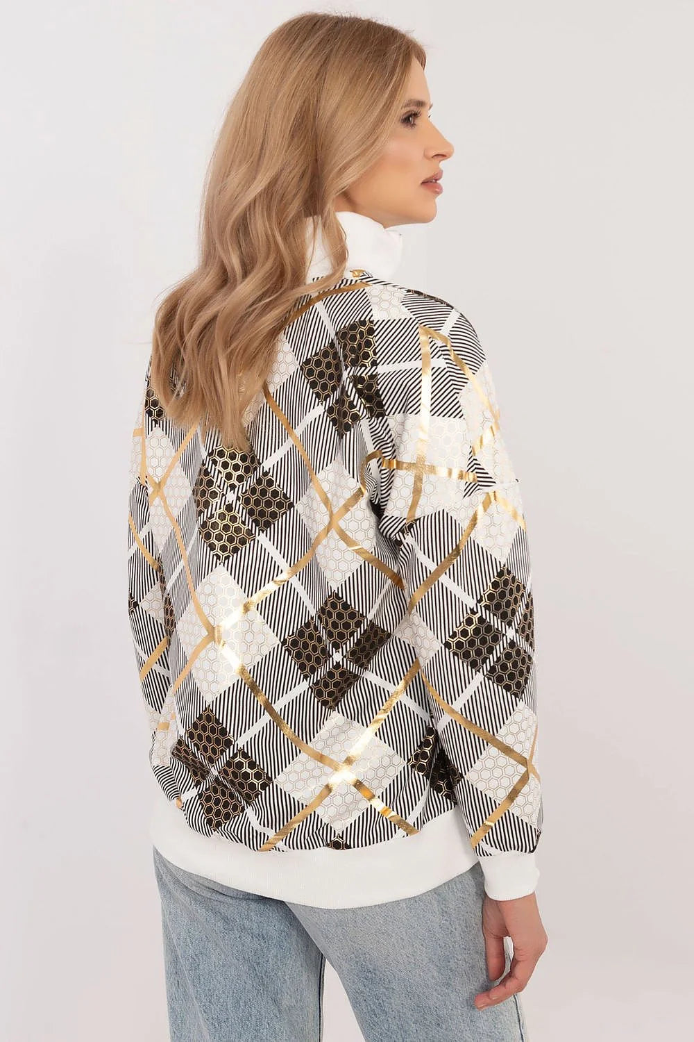 Sweatshirt pour femmes en coton élasthanne motif carreaux doré col zippé coupe ample style décontracté