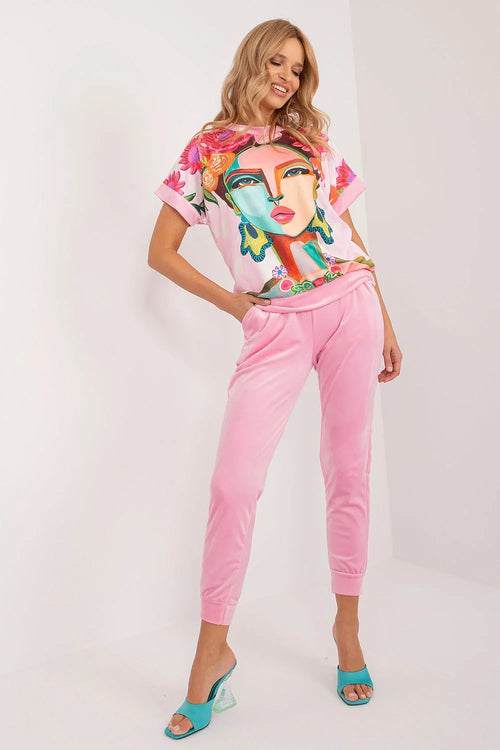 Ensemble t-shirt polyester pantalon velours imprimé visages multicolore rose pâle bleu orange vert manches courtes coupe décontractée style