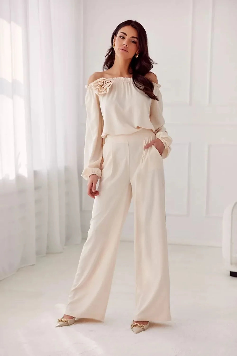 Chemisier Roco Fashion deux pièces élégant crème épaules nues manches longues fleur tissu pantalon taille haute femmes