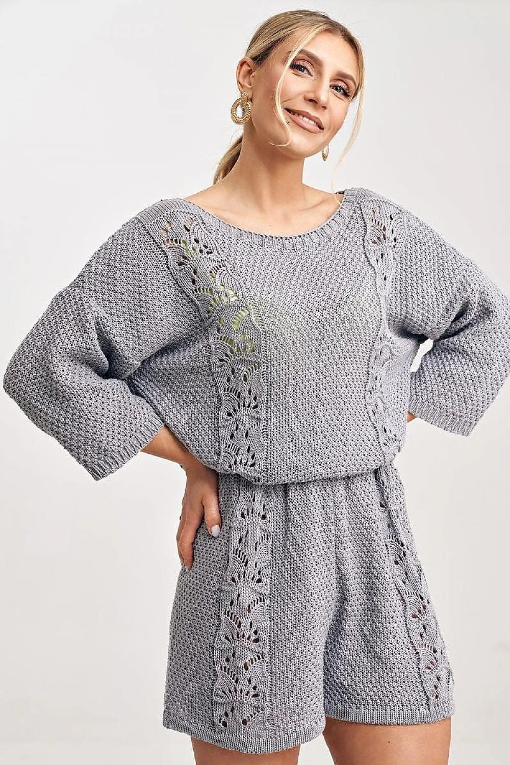 Ensemble mode femme tricot ajouré gris doux manches longues col rond short taille élastique confortable occasion décontractée